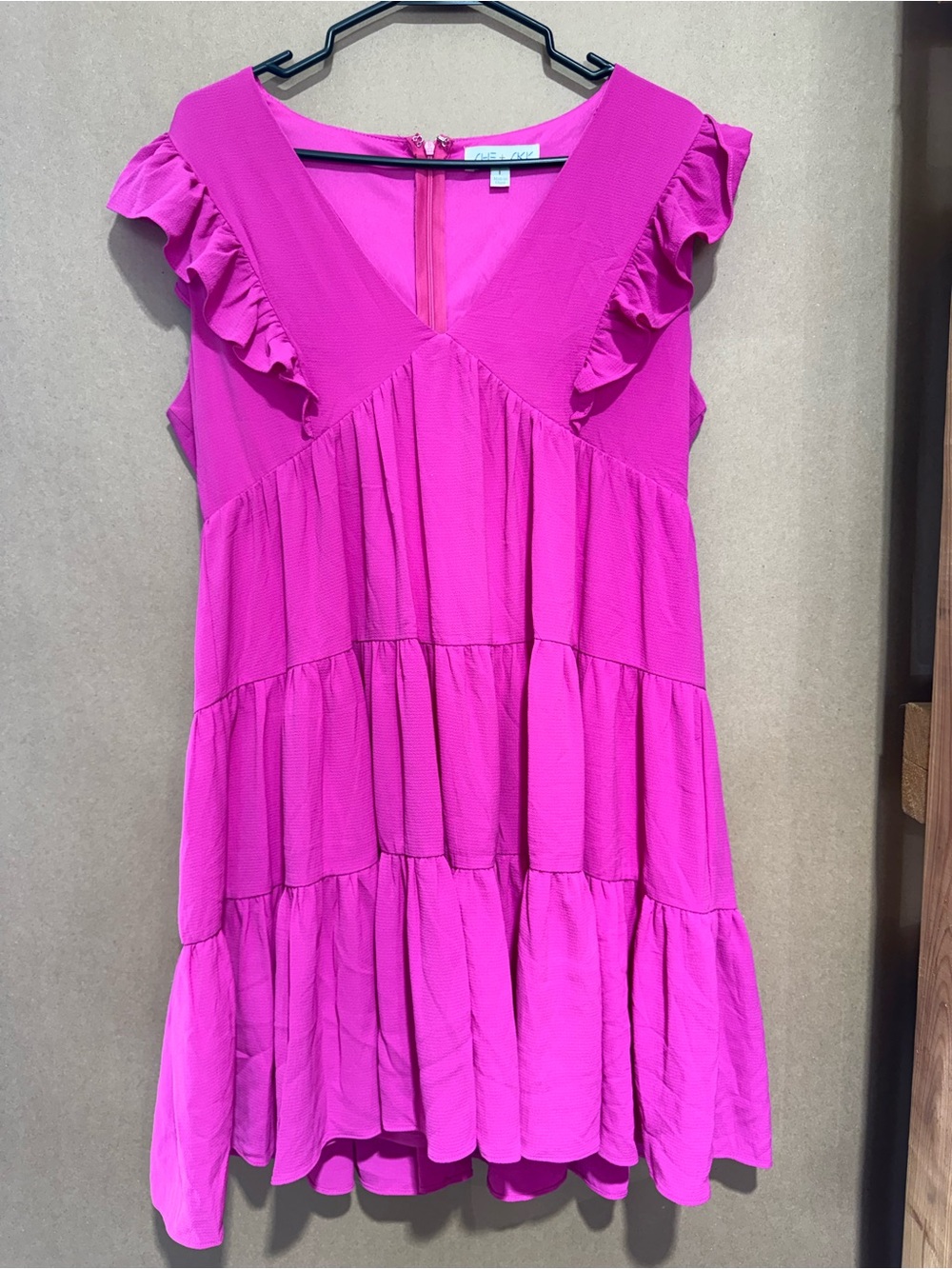 She + Sky Bright Pink Ruffle Sleeve Tiered V-Neck Tunic